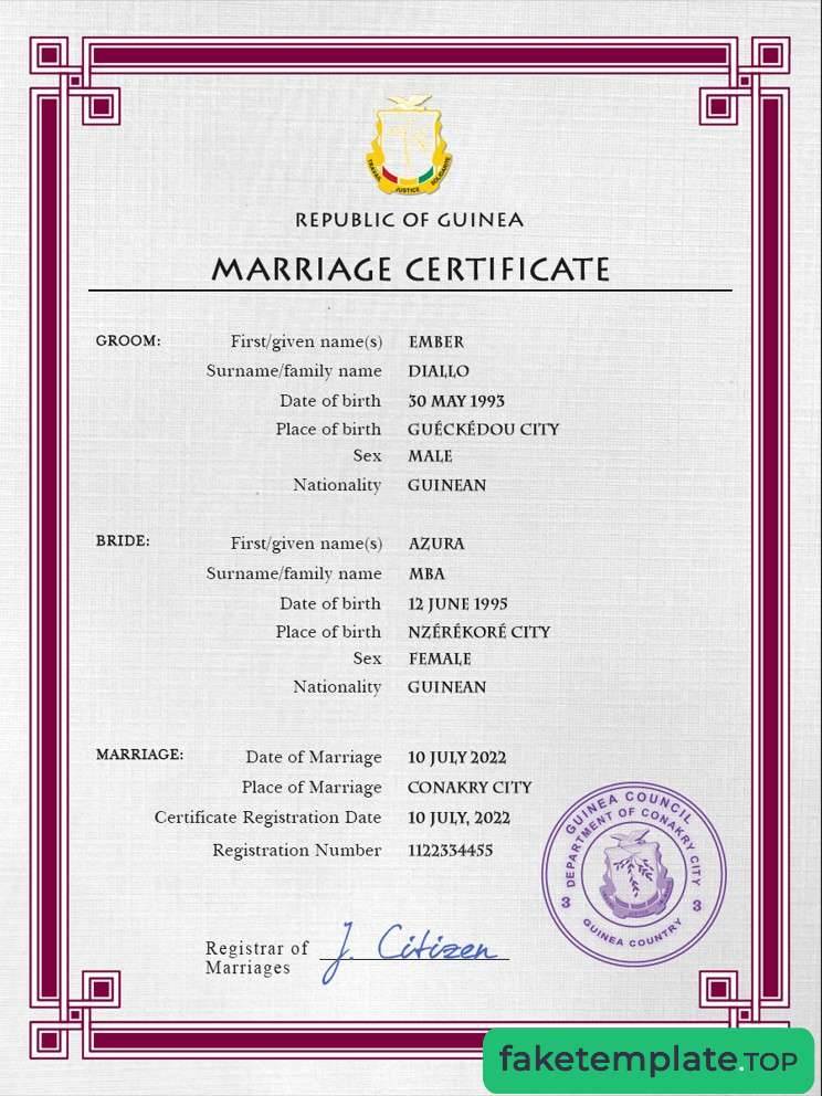 Feature of fake Guniea marriage certificate example template